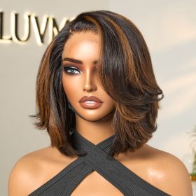 Luvme Hair Trendy Brown Highlight Layered Bob Blowout Glueless 5x5 Lace Closure Wig 100% Human Hair Pre-Cut Lace