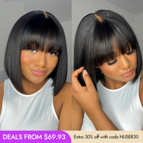 Luvme Hair New Customers Only | Put On and Go Realistic Glueless Yaki Straight Bob with Bangs Minimalist Lace Wig 100% Human Hair